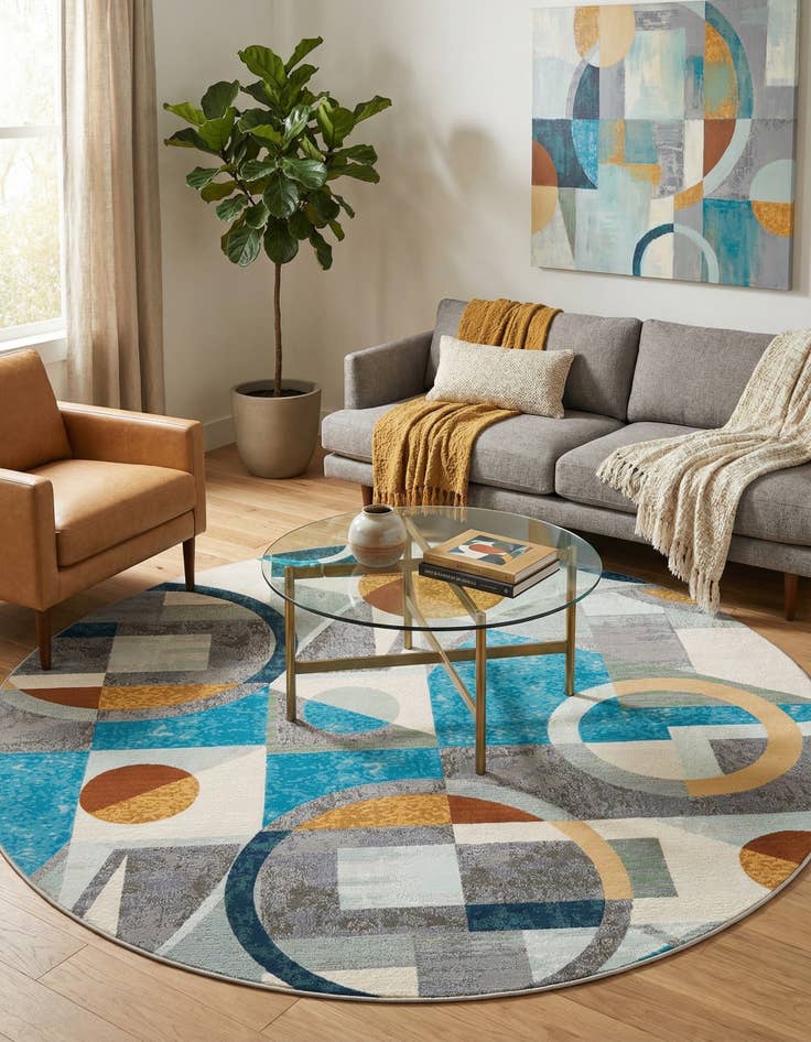Detail image of 7' 10 x 7' 10 Easy-Clean Modern Indoor / Outdoor Round Rug