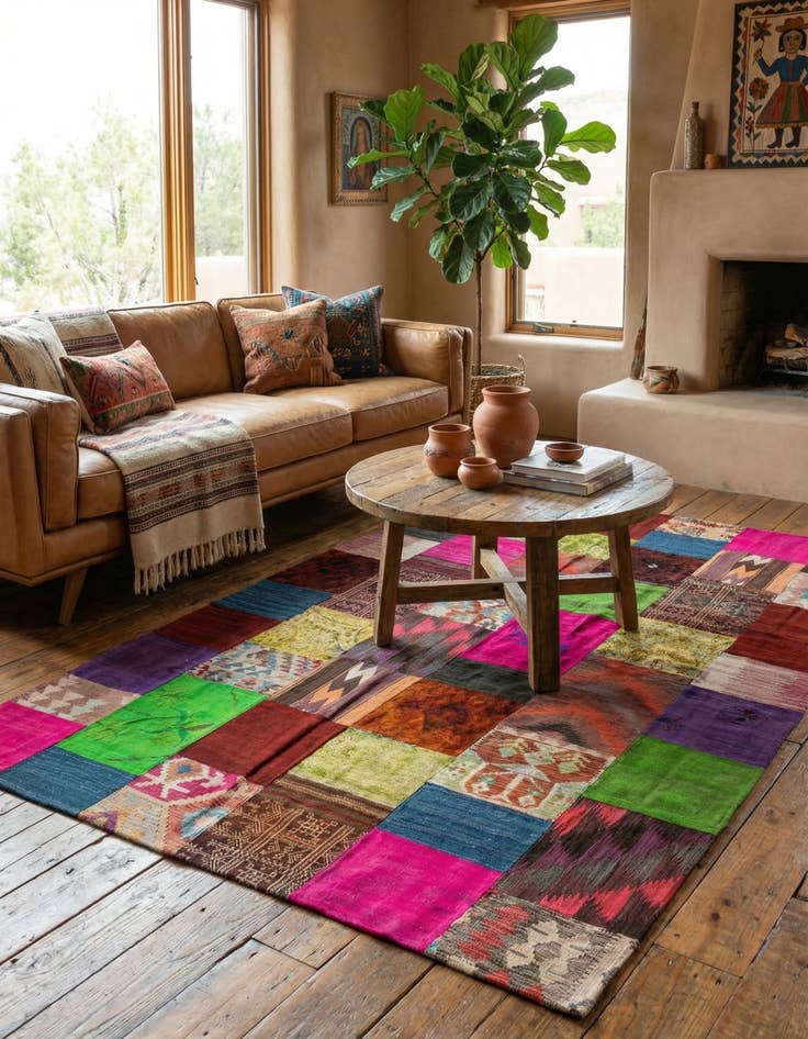 Detail image of  6' 8 x 10'  Hand Woven Kilim Patchwork Wool Rug