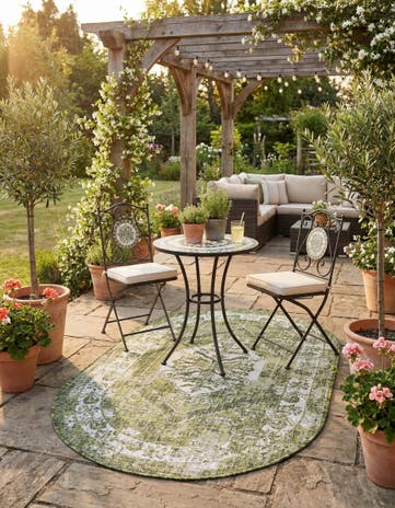 Green Easy-Clean Traditional Indoor / Outdoor Oval Rug