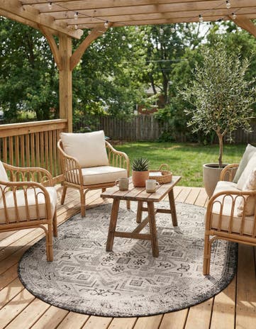Charcoal Gray Easy-Clean Aztec Indoor / Outdoor Oval Rug