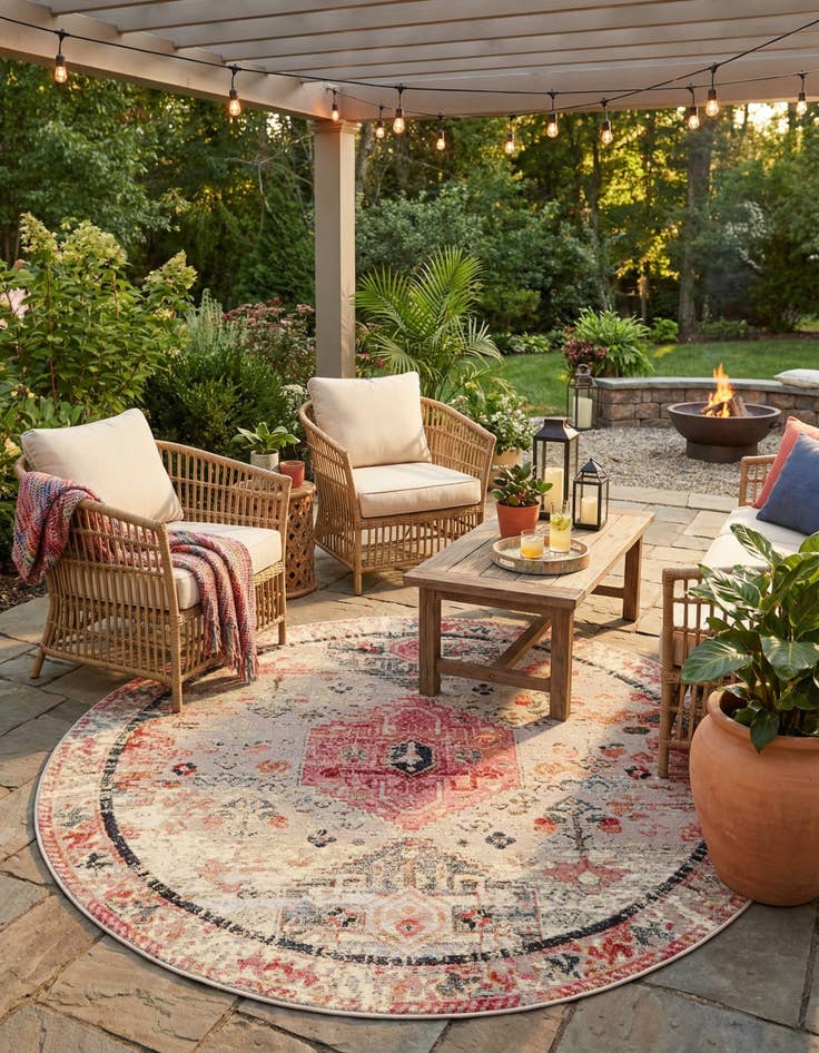 Detail image of 5' x 5'  Washable Traditional Indoor / Outdoor Round Rug