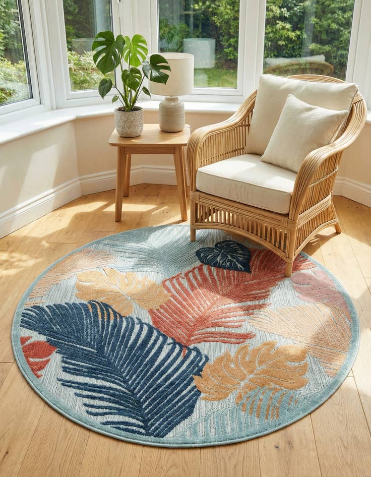 Detail image of 4' 5 x 4' 5 Easy-Clean Botanical Indoor / Outdoor Round Rug