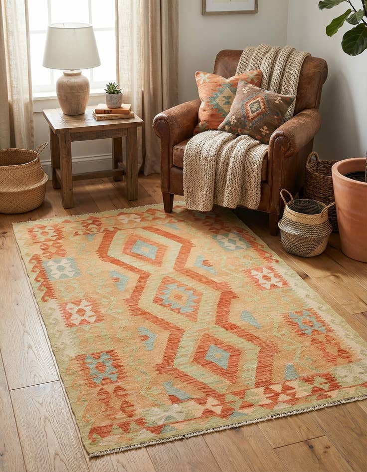 Detail image of  3' 4 x 5'  Hand Woven Kilim Waziri Wool Rug