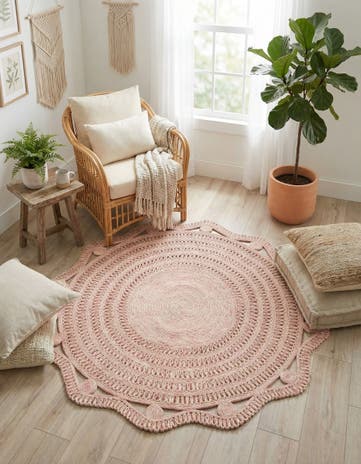 Pink and White Handmade Braided Jute Round Rug