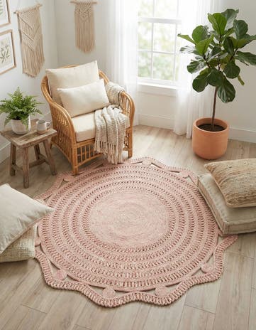Pink and White Handmade Braided Jute Round Rug