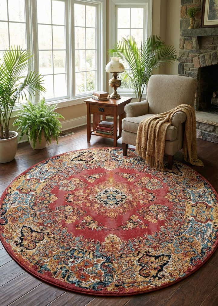 7' 10 x 7' 10 Easy-Clean Traditional Indoor / Outdoor Round Rug