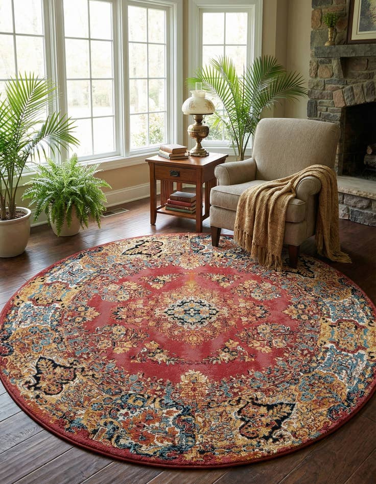 Detail image of 7' 10 x 7' 10 Easy-Clean Traditional Indoor / Outdoor Round Rug