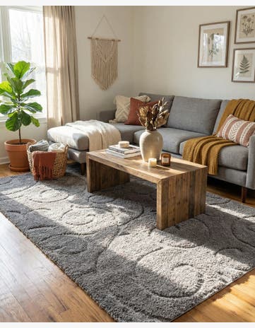 Dark Gray Botanical Shag Rug