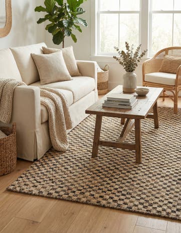 Black and Natural Hand Woven Checkered Jute Wool Rug
