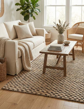 Black and Natural Hand Woven Checkered Jute Wool Rug