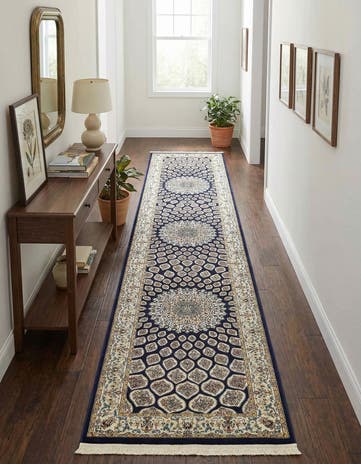 Navy Blue Nain Design Runner Rug