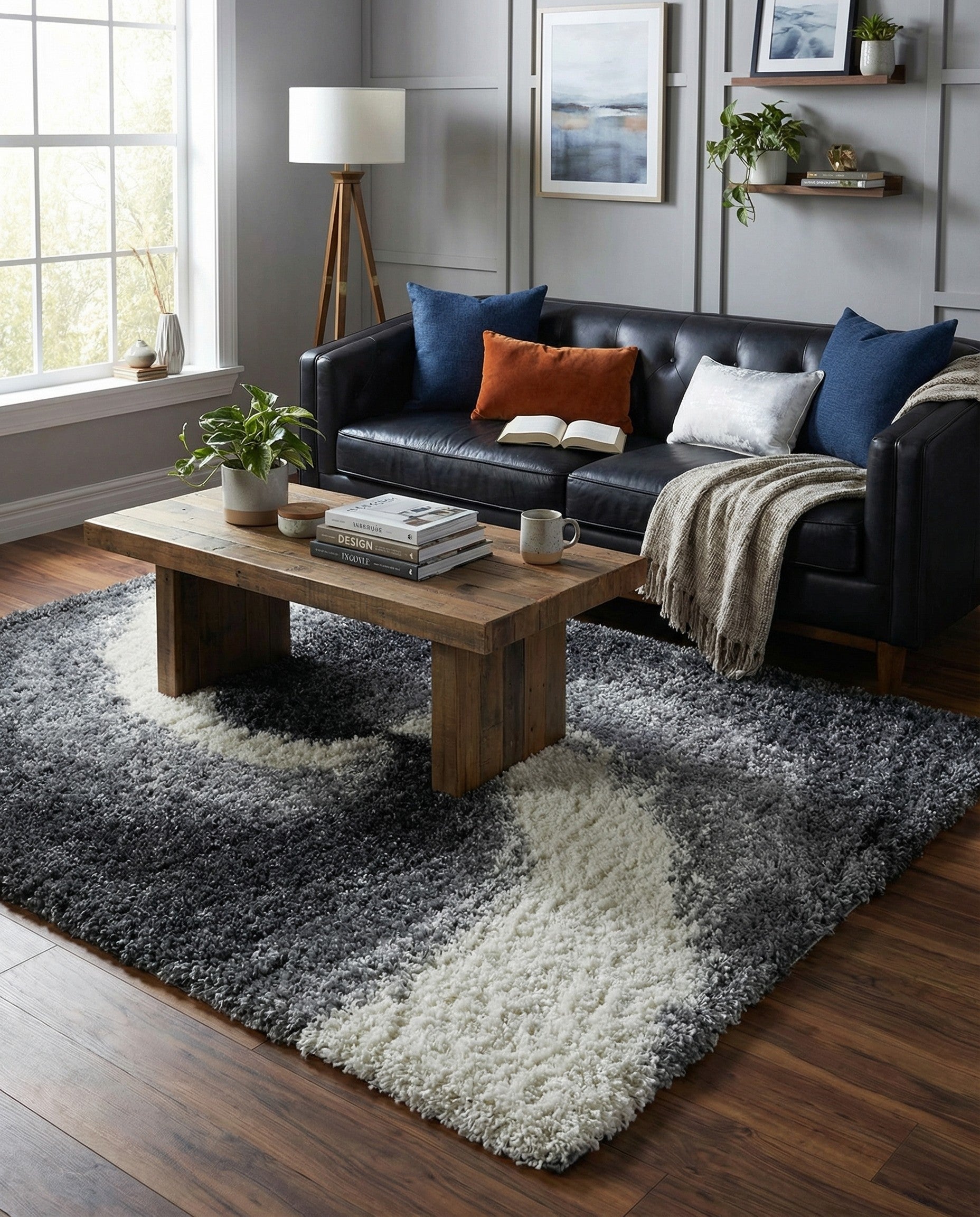 A 10x13 rectangular gray shag rug featuring a modern abstract swirl pattern in varying shades of gray and silver.