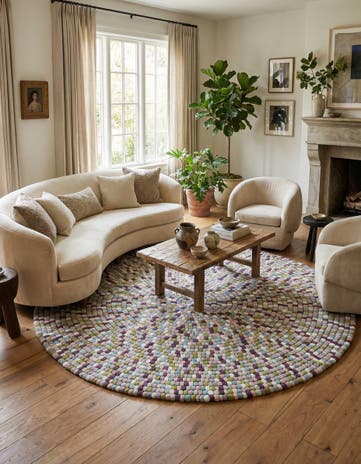 Pink and Purple Hand Woven Felt Ball Wool Round Rug
