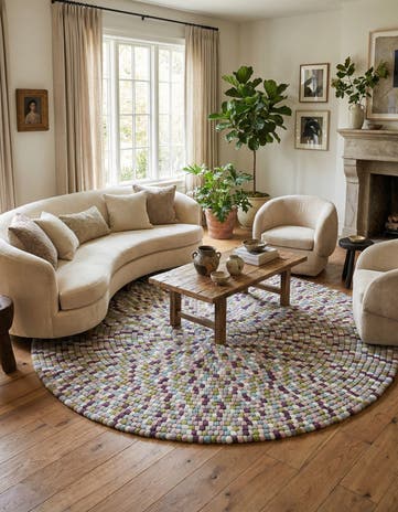 Pink and Purple Hand Woven Felt Ball Wool Round Rug