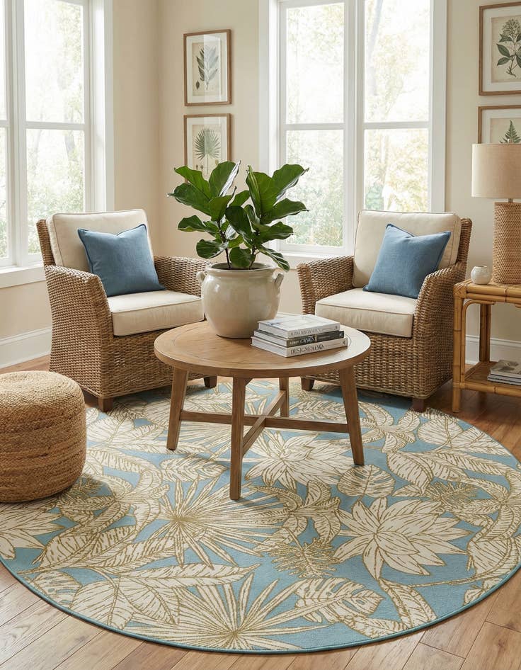 Detail image of  7' 10 x 7' 10  Washable Botanical Indoor / Outdoor Round Rug