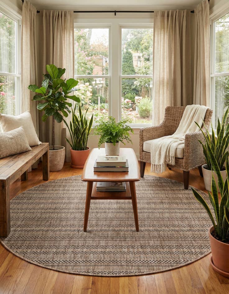 Detail image of 5' 3 x 5' 3  Washable Striped Indoor / Outdoor Round Rug