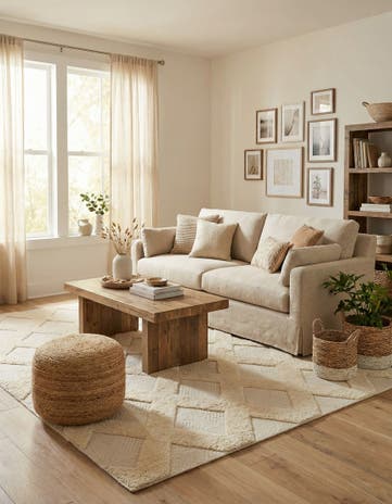Ivory Hand Woven Lattice Wool Square Rug