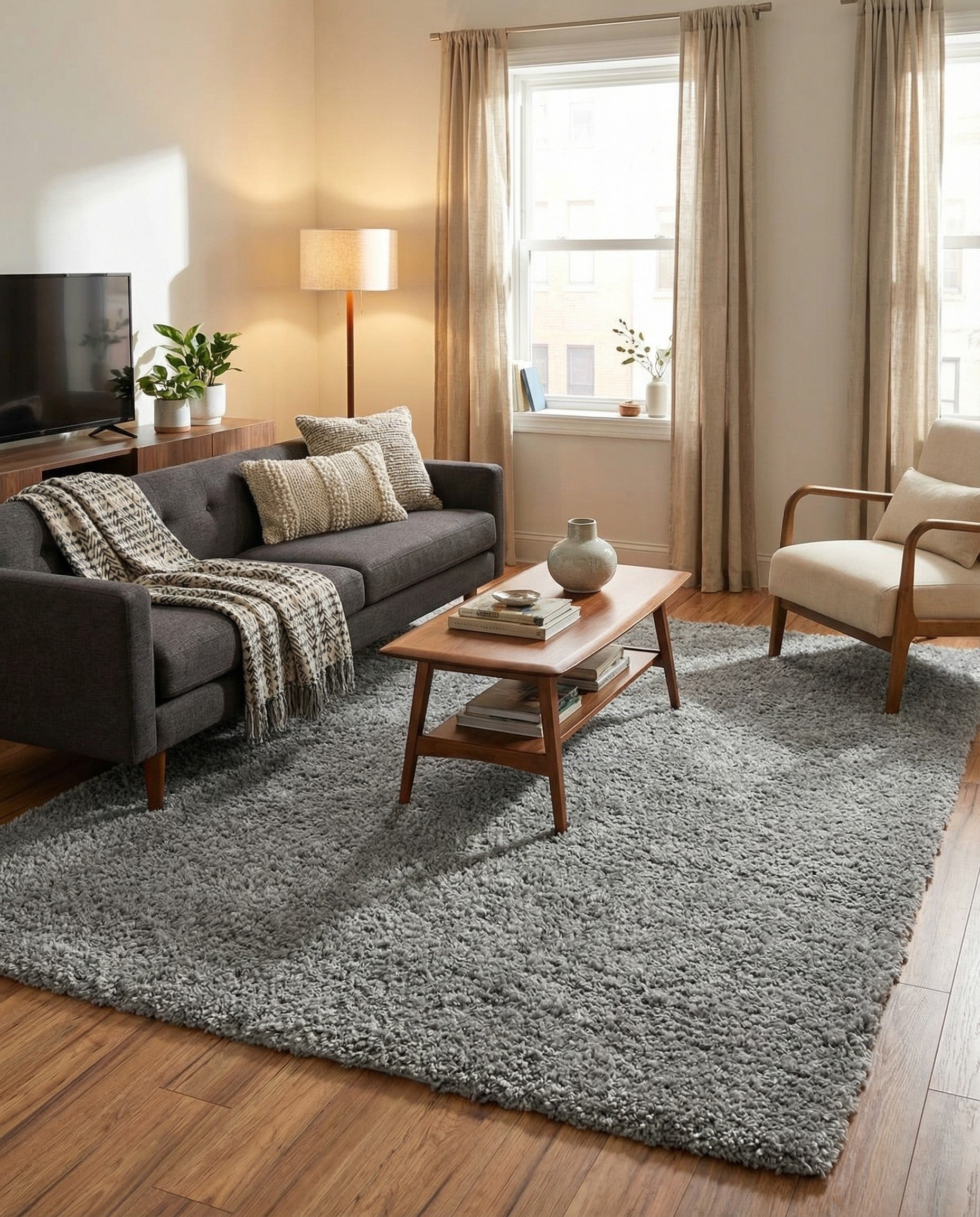 A large 8x11 rectangular gray shag rug with a textured pile, perfect for a living room or bedroom.