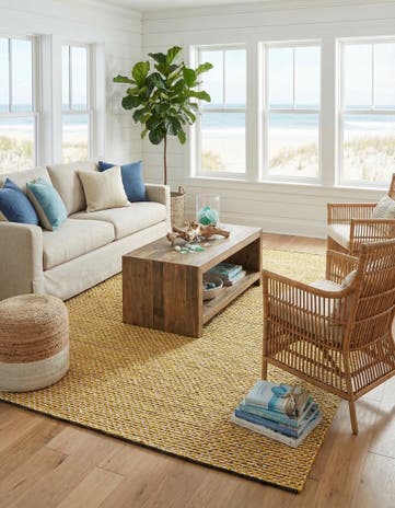 Yellow and Navy Hand Woven Seaside Pearl Jute Rug