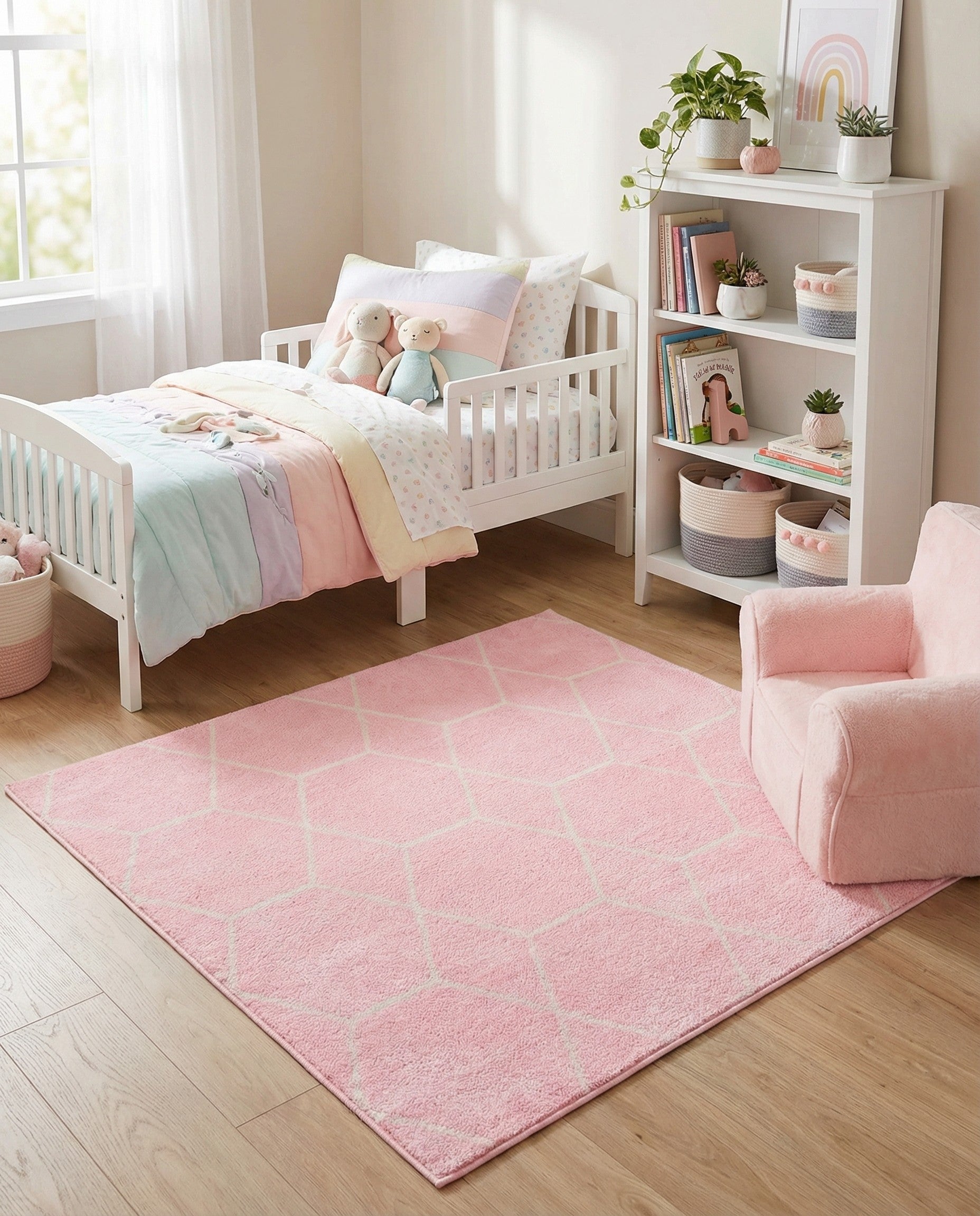 A 3'x3' square pink modern rug with a subtle light pink trellis pattern, suitable for a child's room or nursery.