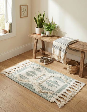 Aquamarine and White Hand Woven Arizona Wool Rug