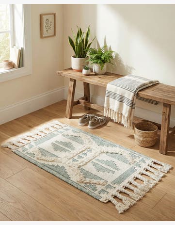 Aquamarine and White Hand Woven Arizona Wool Rug