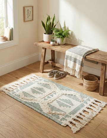 Aquamarine and White Hand Woven Arizona Wool Rug