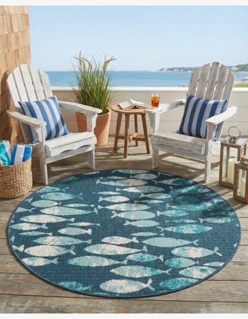 Blue Easy-Clean Coastal Indoor / Outdoor Round Rug