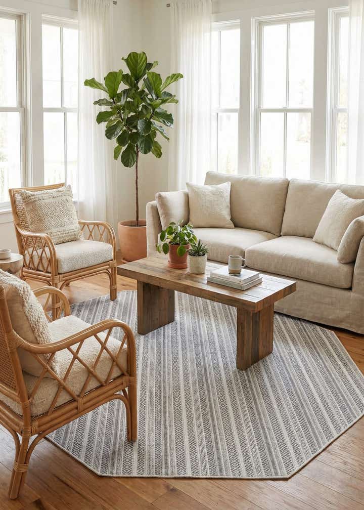 7' 10 x 7' 10 Easy-Clean Striped Indoor / Outdoor Octagon Rug
