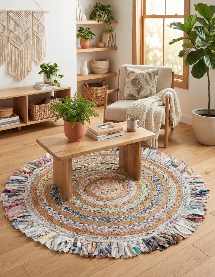 Detail image of 4' 1 x 4' 1  Hand Braided Chindi Jute Round Rug