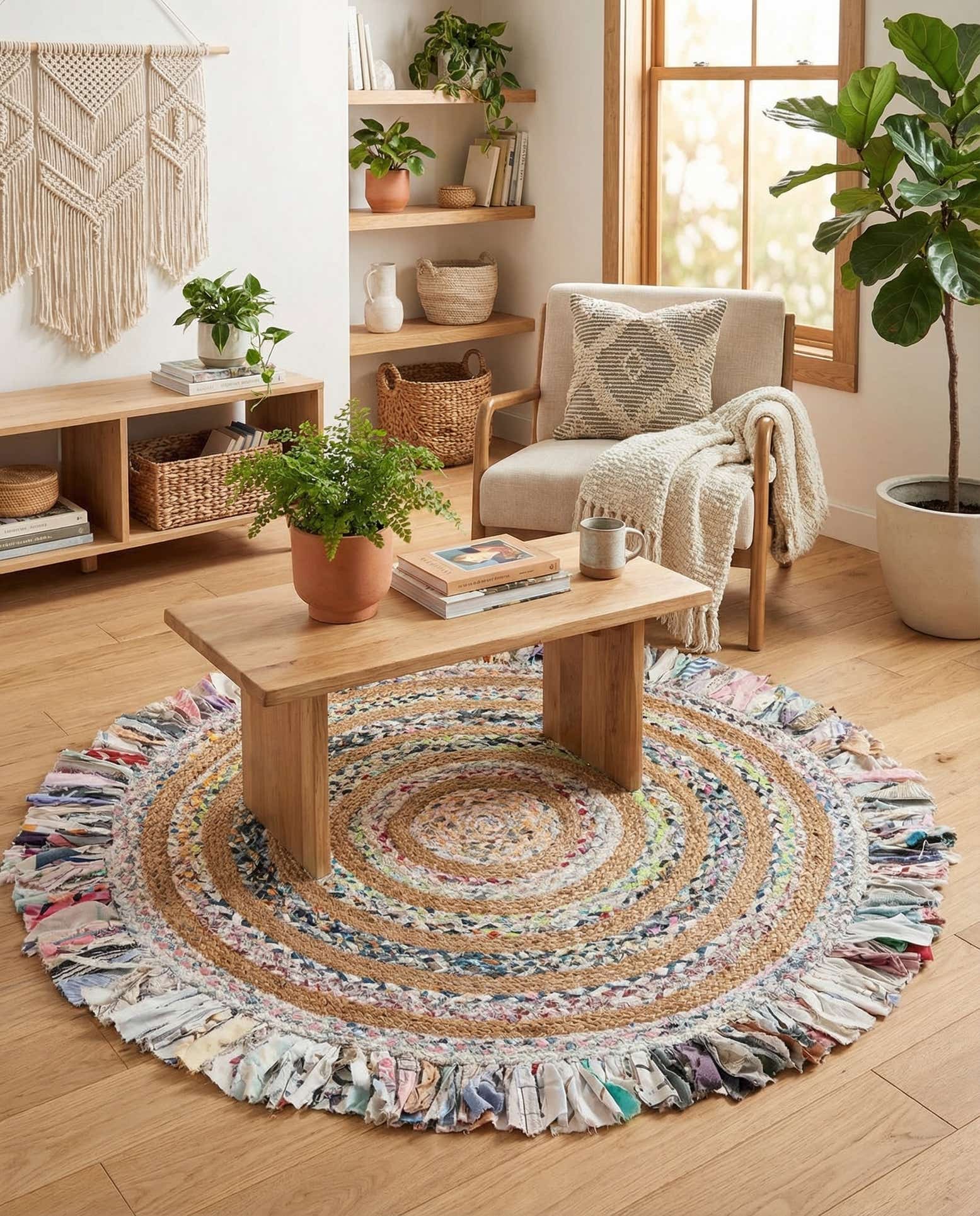 4' 1 x 4' 1 Hand Braided Chindi Jute Round Rug