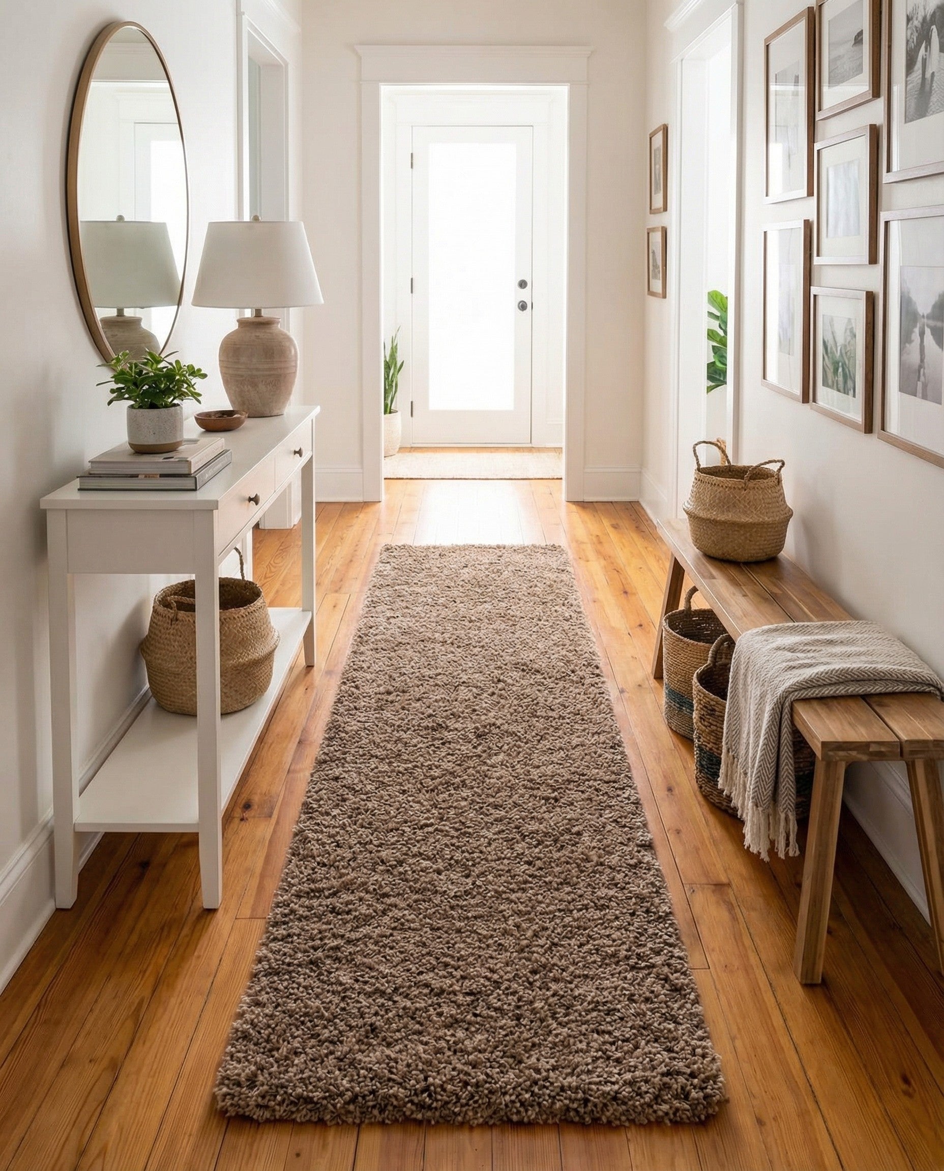 A close-up view of a 10 Ft Solid Shag runner rug in a warm brown and tan color, showcasing its plush, textured pile.