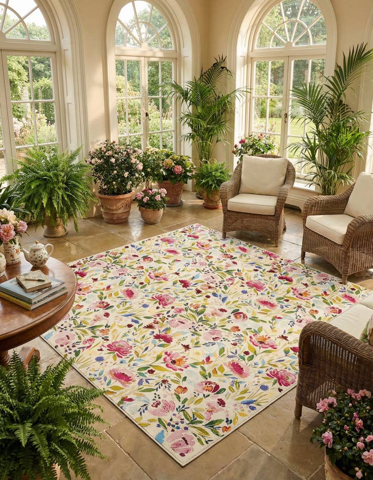 Detail image of  10' x 10'  Washable Botanical Indoor / Outdoor Square Rug
