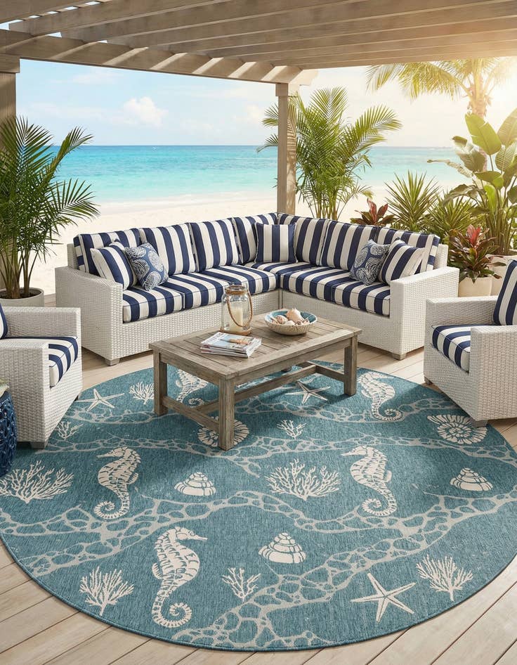 Detail image of 12' x 12'  Washable Coastal Indoor / Outdoor Round Rug