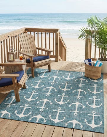 Teal Easy-Clean Coastal Indoor / Outdoor Square Rug