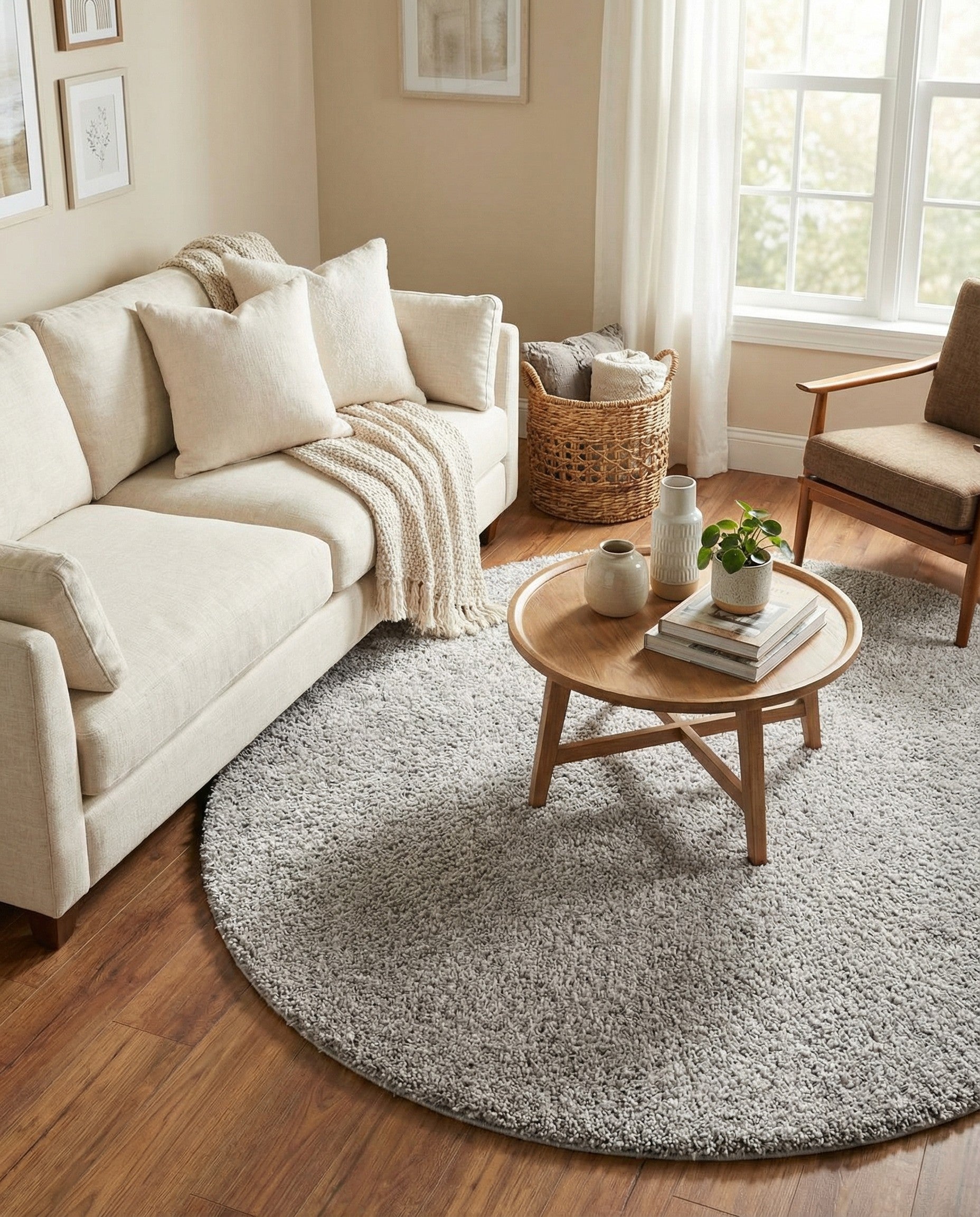 A 5' 3 round gray shag rug with a textured, modern solid pattern, suitable for indoor spaces.