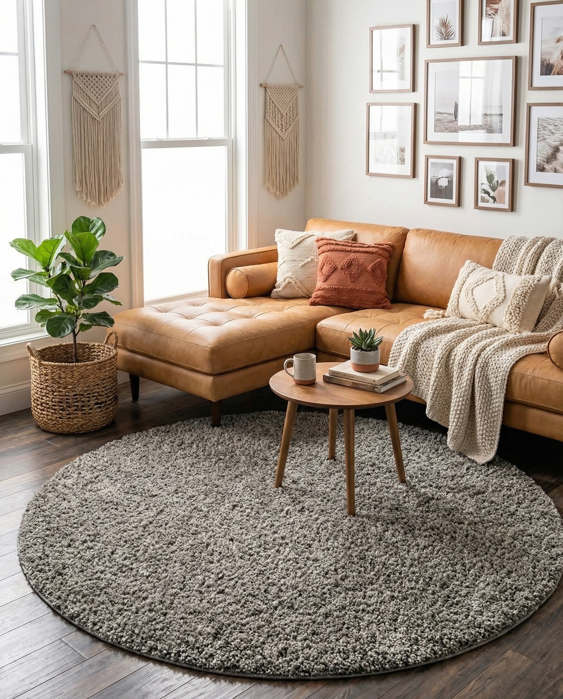 A 7' 10 round gray shag rug with a plush, textured pile, suitable for a modern indoor space.