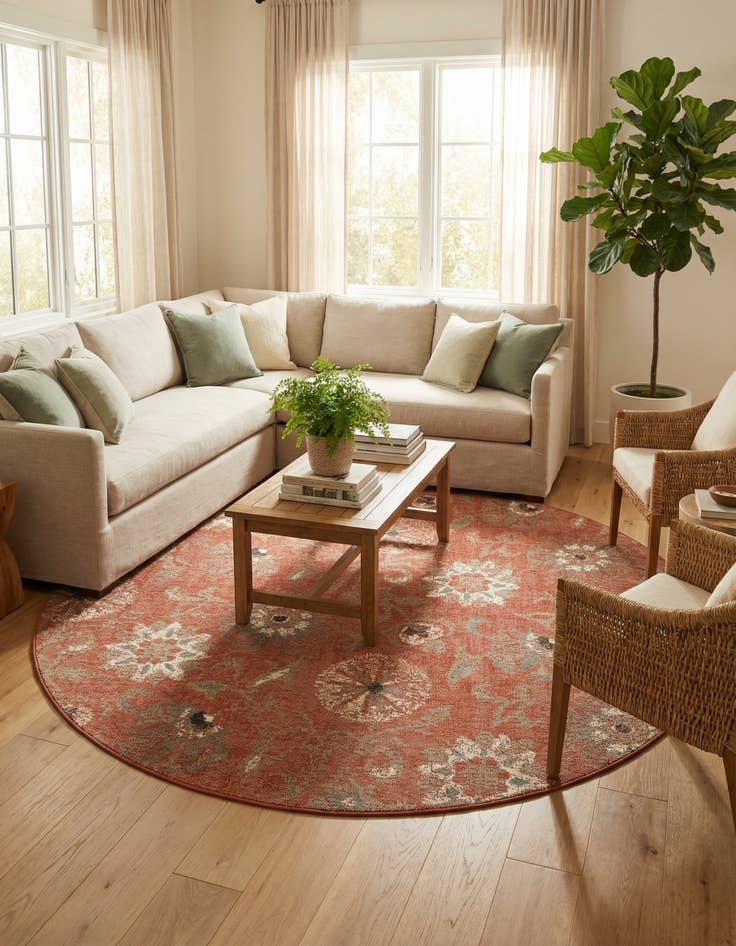 Detail image of  7' 10 x 7' 10  Washable Botanical Indoor / Outdoor Round Rug