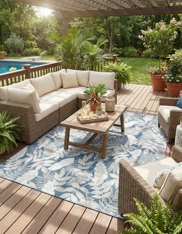 Navy Blue Easy-Clean Botanical Indoor / Outdoor Rug