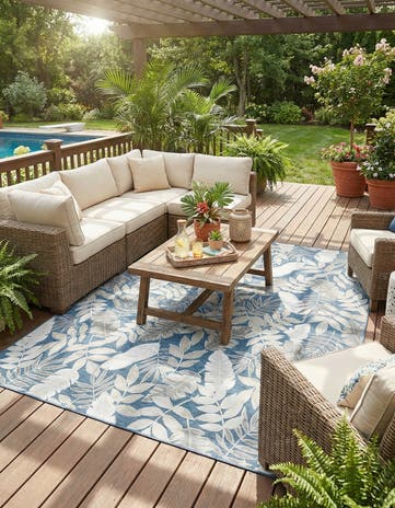 Navy Blue Easy-Clean Botanical Indoor / Outdoor Rug