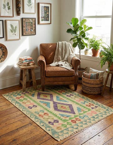 2' 9 x 4' Hand Woven Kilim Maymana Wool Rug