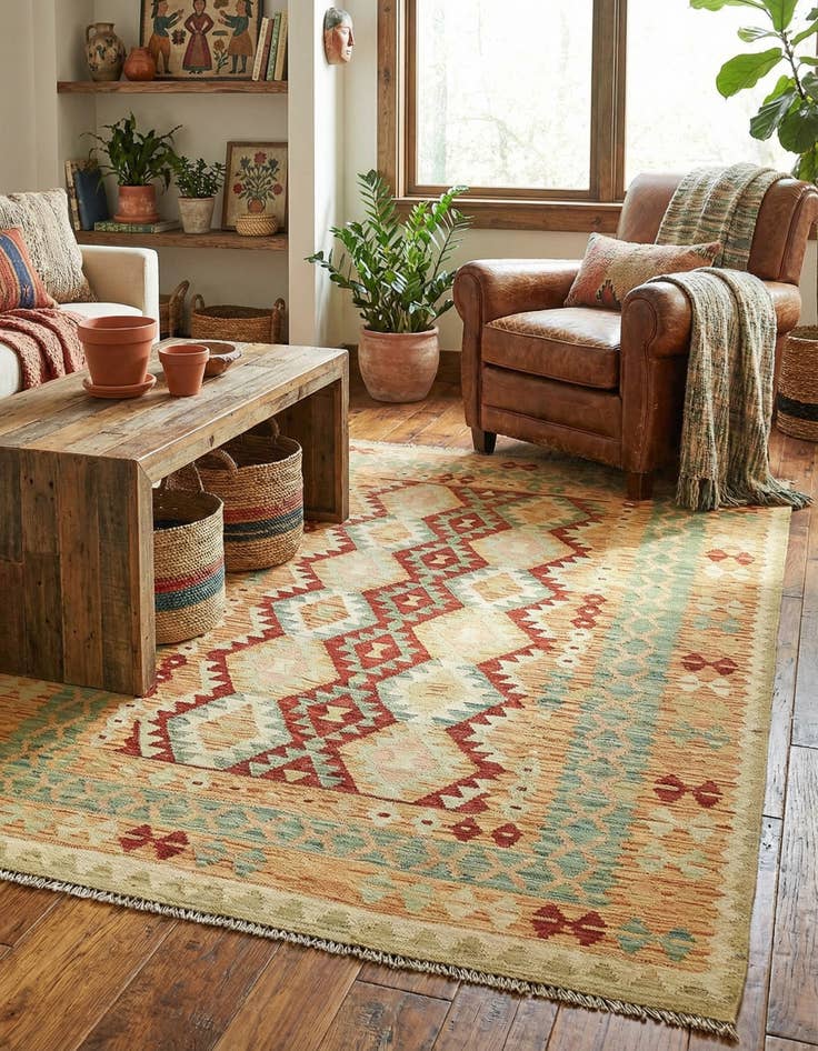 Detail image of  4' 2 x 6'  Hand Woven Kilim Waziri Wool Rug