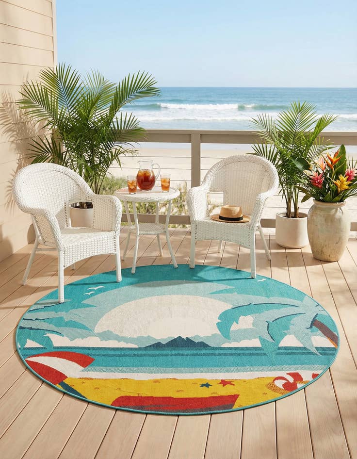 Detail image of 6' x 6'  Washable Coastal Indoor / Outdoor Round Rug