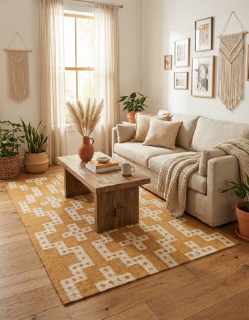 Gold and Ivory Hand Woven Kilim Wool Rug