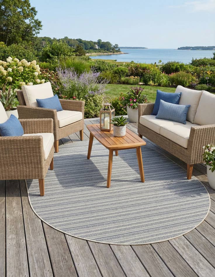 Detail image of 7' 10 x 10' Easy-Clean Striped Indoor / Outdoor Oval Rug