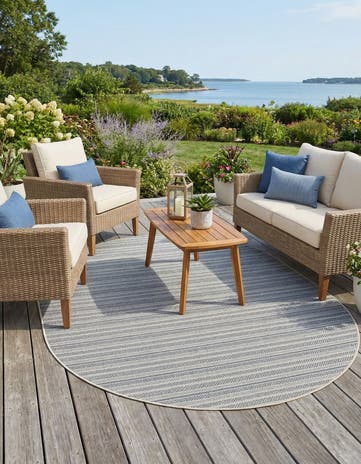 Light Blue Easy-Clean Ribbon Indoor / Outdoor Oval Rug
