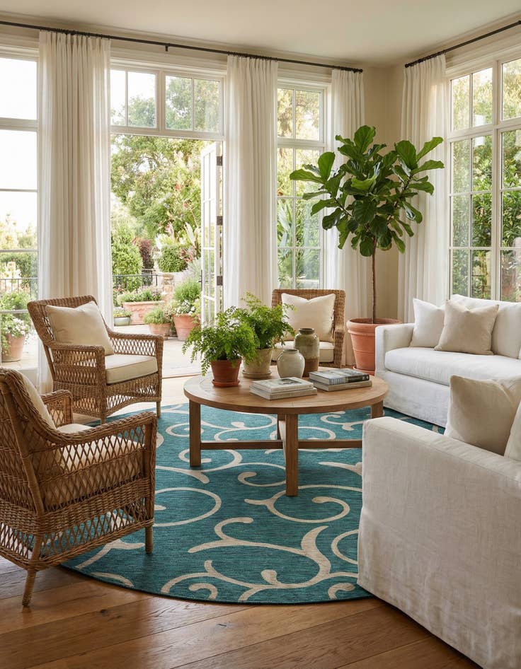 Detail image of 13' x 13' Easy-Clean Botanical Indoor / Outdoor Round Rug