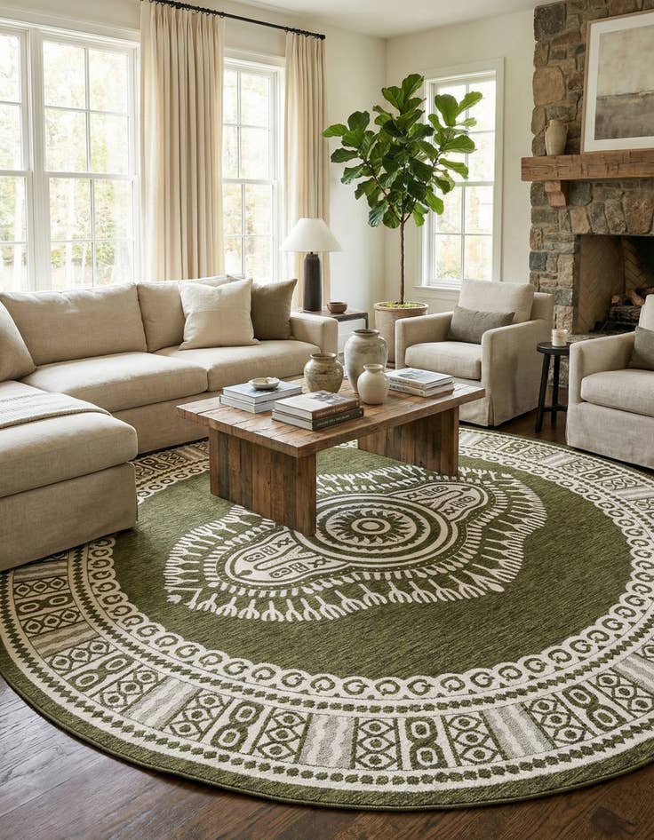 Detail image of 12' x 12'  Washable Traditional Indoor / Outdoor Round Rug