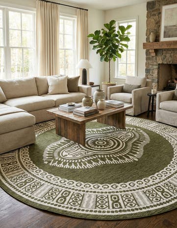 Green Easy-Clean Traditional Indoor / Outdoor Round Rug