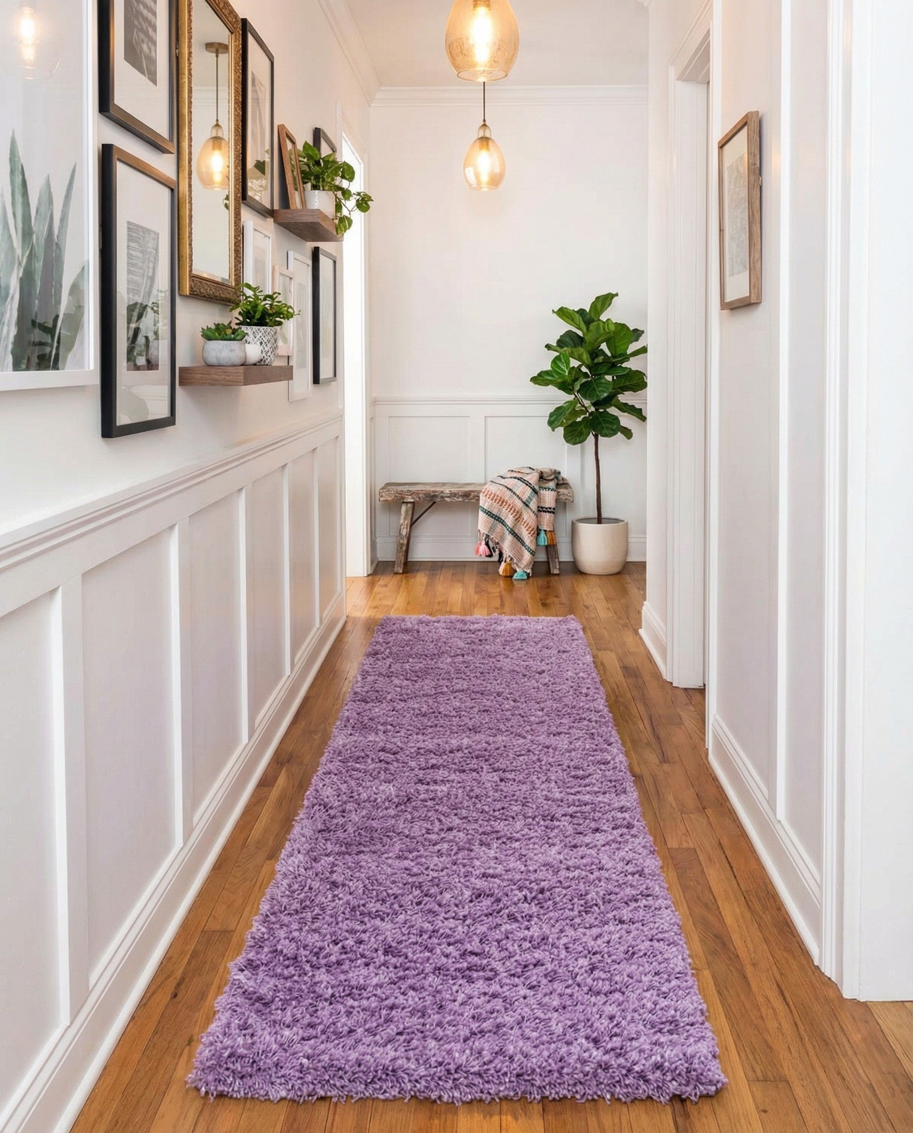 A long, rectangular 20 ft runner rug from the Solid Shag collection in a soft lavender purple, featuring a plush, textured shag pile, perfect for a hallway.